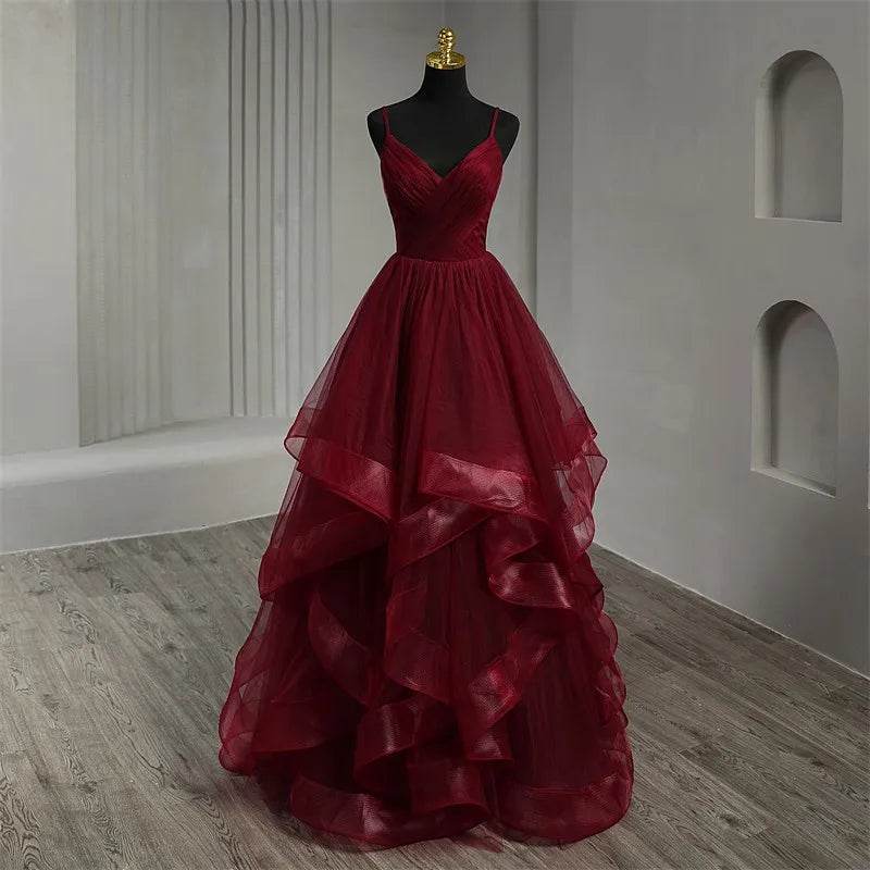 Dark Red Spaghetti Strap V-Neck Quinceanera Dress - Boho Ball Gown - Buy Center US