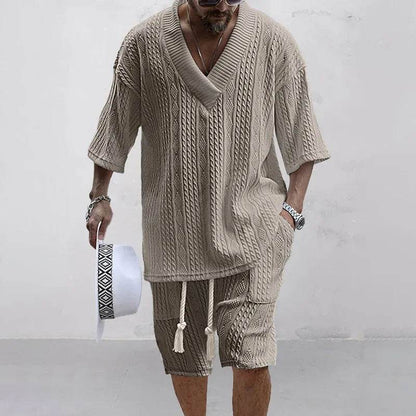 2024 Summer Casual Men's Knit Shorts Set - V-Neck Tee & Drawstring Shorts - Buy Center US