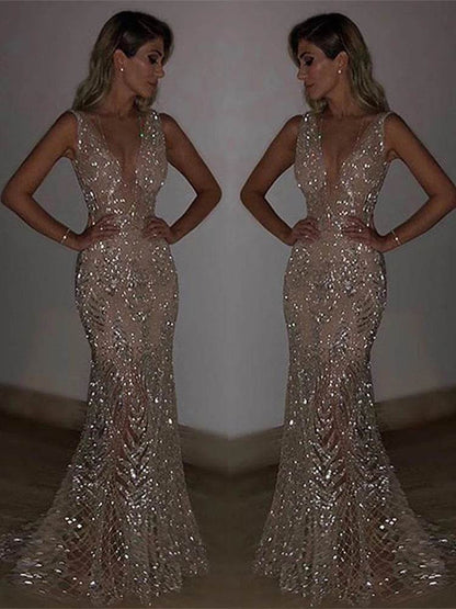 Elegant V Neck Maxi Dress for Women - Shiny Sequin Party Robe - Buy Center US