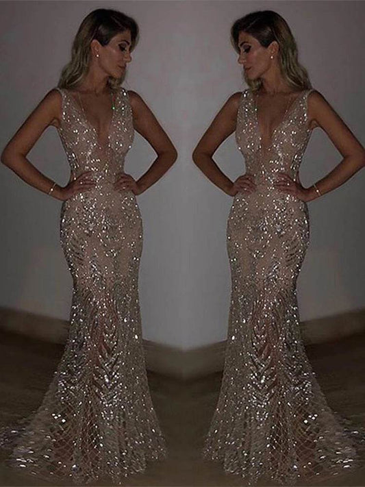 Elegant V Neck Maxi Dress for Women - Shiny Sequin Party Robe - Buy Center US