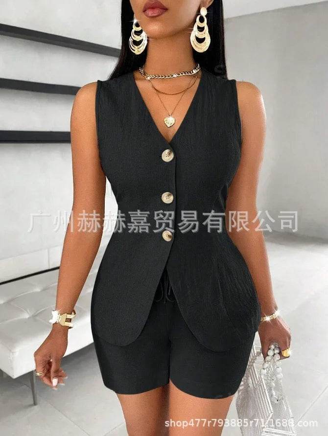 Women's Elegant Commuter Shorts Set - V-Neck Sleeveless Top & Shorts - Buy Center US