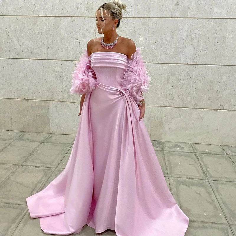 Eightree Pink Strapless Mermaid Prom Dress - Floral Satin Gown - Buy Center US