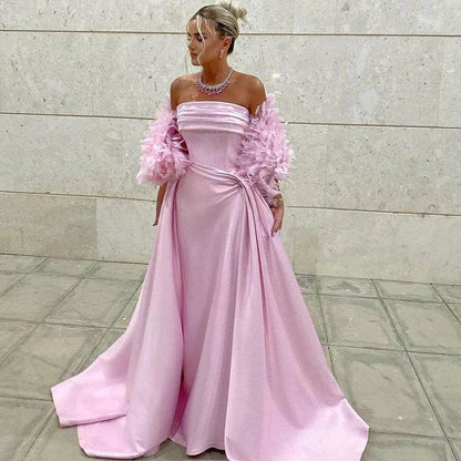 Eightree Pink Strapless Mermaid Prom Dress - Floral Satin Gown - Buy Center US