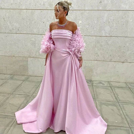 Eightree Pink Strapless Mermaid Prom Dress - Floral Satin Gown - Buy Center US