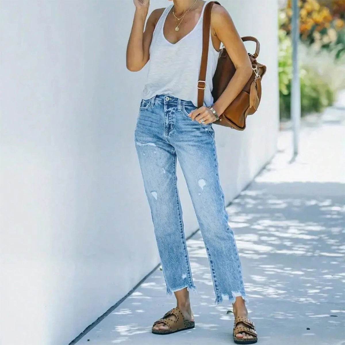 Women's Mid-Waist Straight Ripped Jeans - Casual Ankle-Length Style - Buy Center US