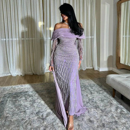 Lilac Midi Evening Dress with Tassels - Off Shoulder, Formal Style - Buy Center US
