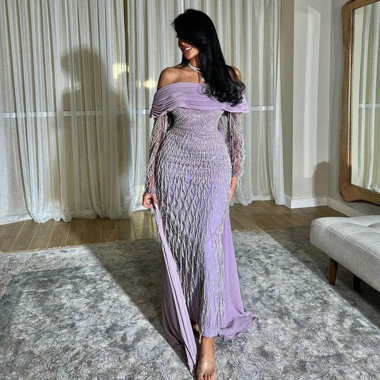 Lilac Midi Evening Dress with Tassels - Off Shoulder, Formal Style - Buy Center US