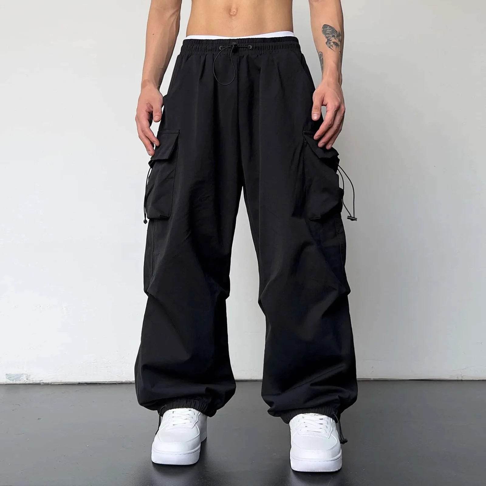 Men's Casual Mid Waist Cargo Pants - Solid Color with Woven Pockets - Buy Center US