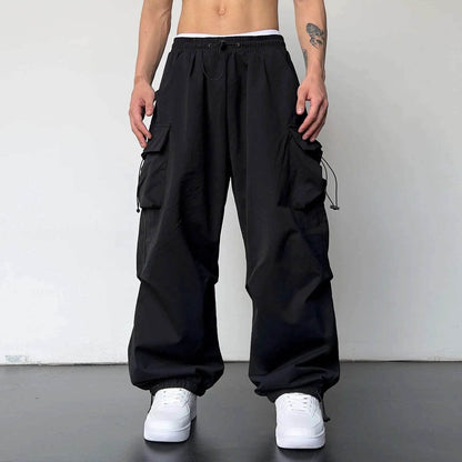 Men's Casual Mid Waist Cargo Pants - Solid Color with Woven Pockets - Buy Center US