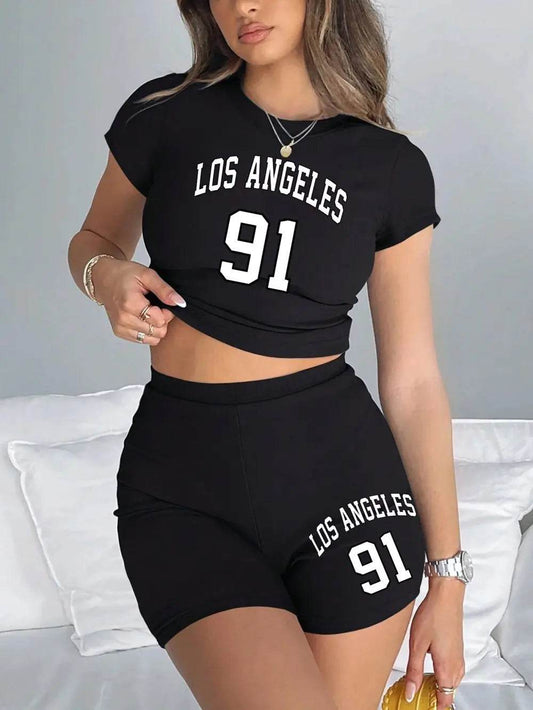 Teekossc Women's Slim Crop T-Shirt & Shorts Set - NYC Art Print - Buy Center US