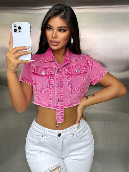 Donsignet Vintage Raw Hem Crop Jean Jacket - Women's Y2K Style - Buy Center US