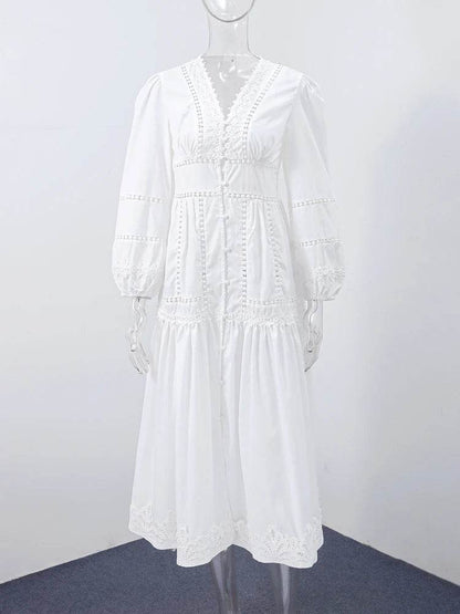 Elegant V-Neck Lace Hollow Out Dress - Puff Sleeve A-Line Style - Buy Center US