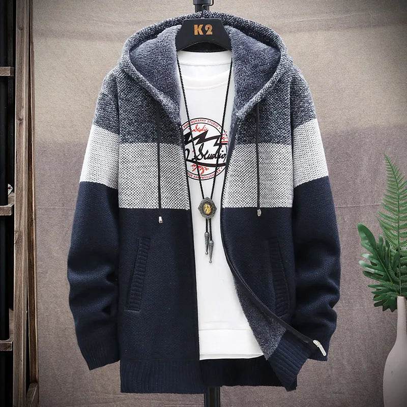 SNOW PINNACLE Men's Thick Velvet Cardigan: Patchwork Zipper Sweatercoat - Buy Center US