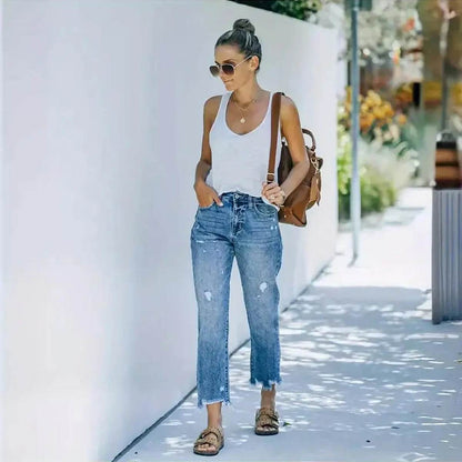 Women's Mid-Waist Straight Ripped Jeans - Casual Ankle-Length Style - Buy Center US