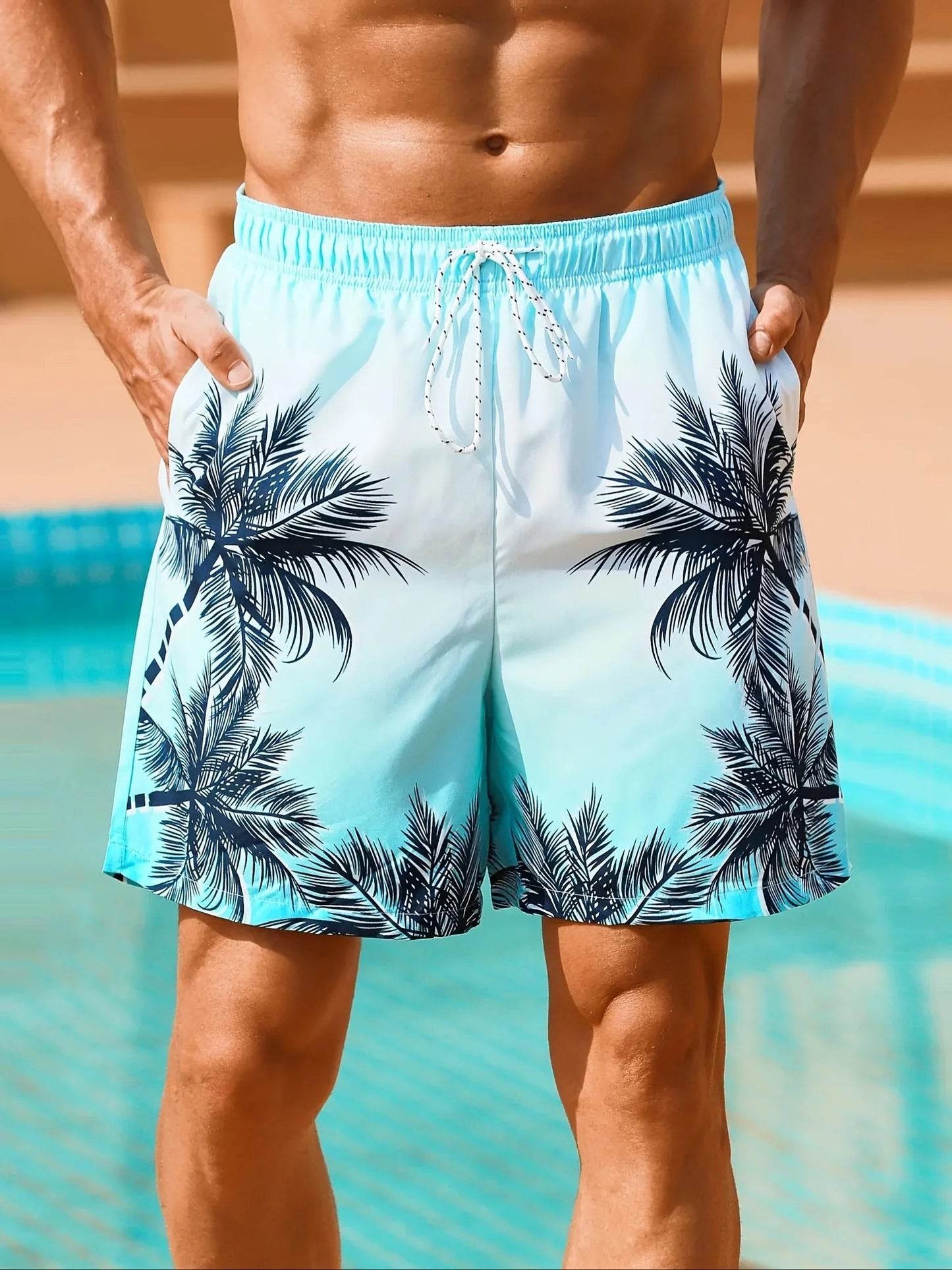Men's Hawaiian Swim Trunks - 3D Gradient Palm Tree Print, Quick Dry - Buy Center US