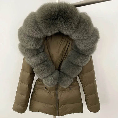 Elegant Large Real Fox Fur Coat - 90% Duck Down Puffer Jacket - Buy Center US