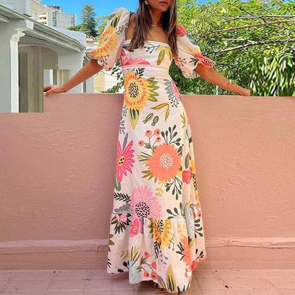 VIEUNSTA Floral Print Summer Dress - Square Neck & Long Sleeve - Buy Center US