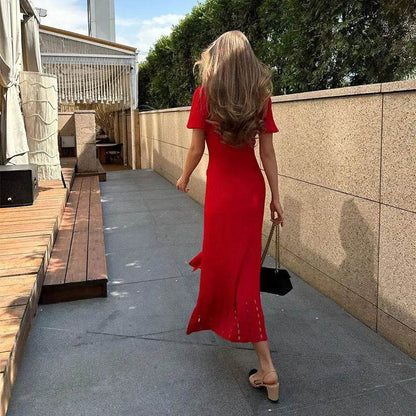 Jadoutin Elegant Knitted Dress for Women - Short Sleeve V-Neck - Buy Center US