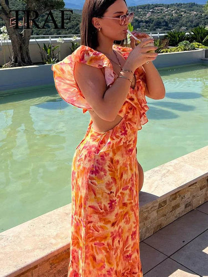 TRAFZA Summer V-Neck Backless Dress - Bohemian Ruffle Print Style - Buy Center US