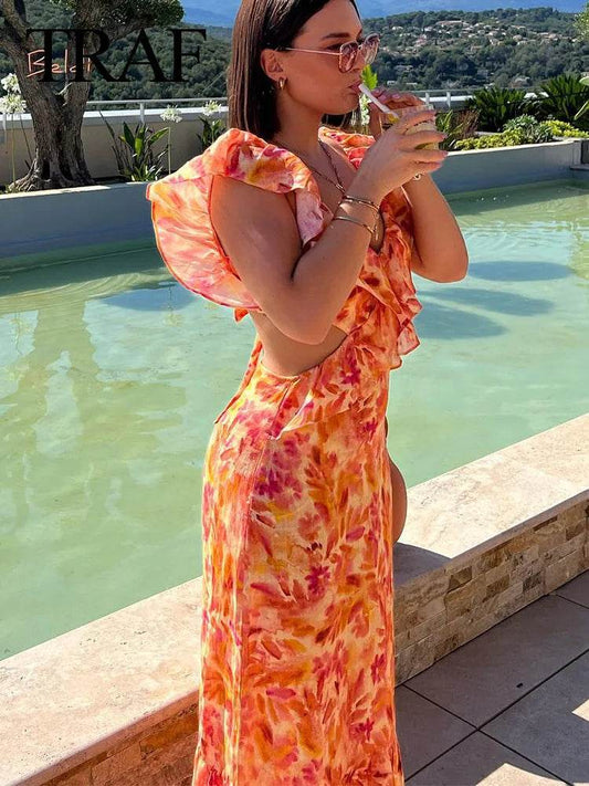 TRAFZA Summer V-Neck Backless Dress - Bohemian Ruffle Print Style - Buy Center US