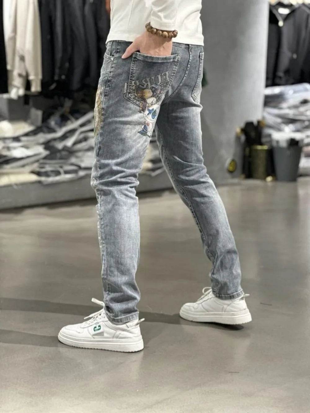 Men's Slim Fit Light Blue Denim Jeans - Luxury Rabbit Print Design - Buy Center US