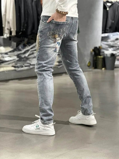Men's Slim Fit Light Blue Denim Jeans - Luxury Rabbit Print Design - Buy Center US