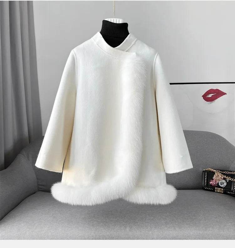 Elegant Real Fox Fur Collar Coat - Women's Wool Cloak for 2024 - Buy Center US