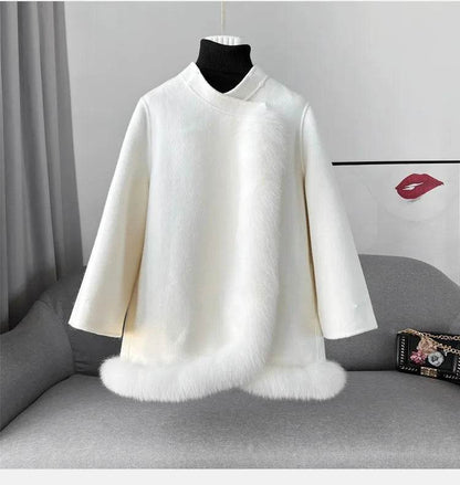 Elegant Real Fox Fur Collar Coat - Women's Wool Cloak for 2024 - Buy Center US