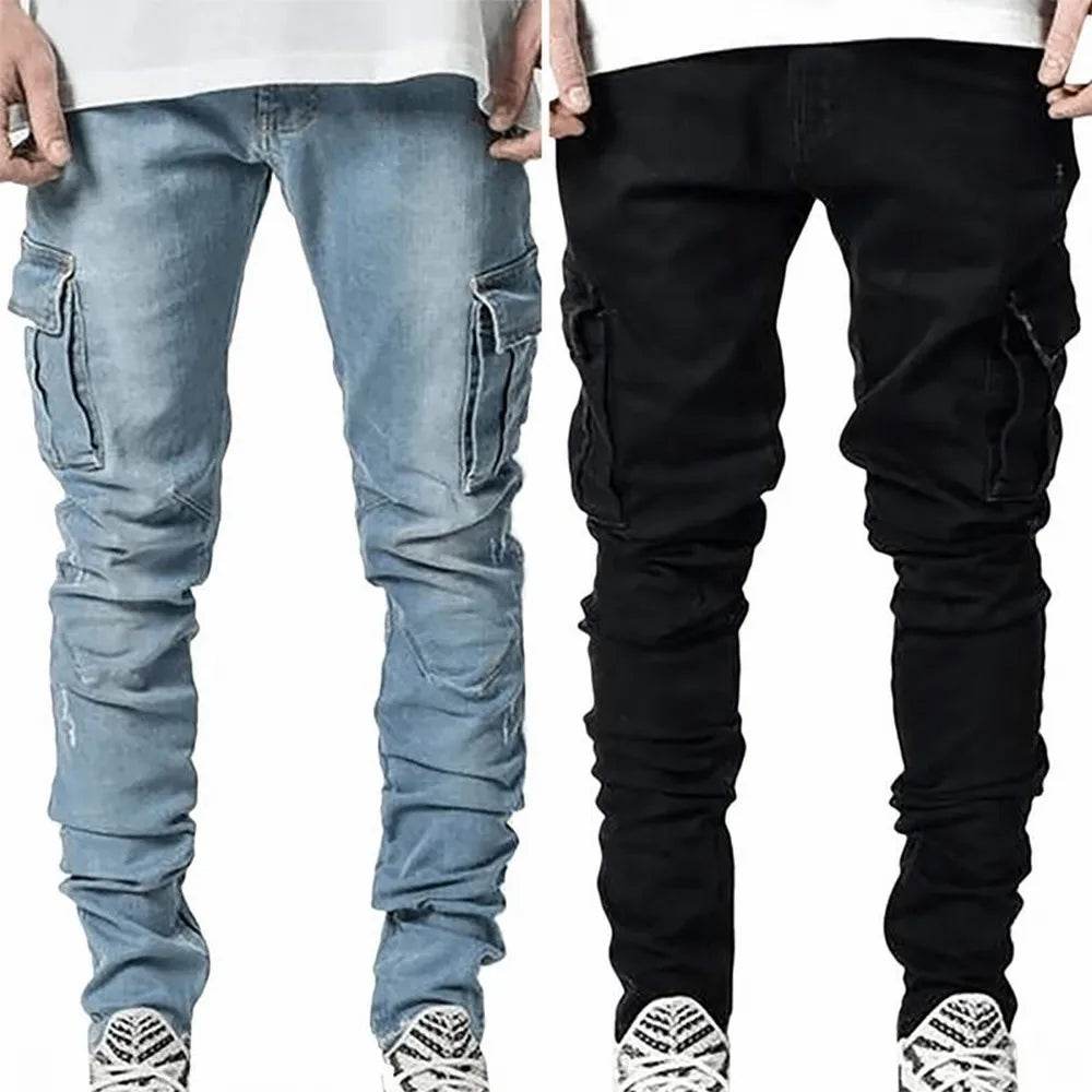 Slim Fit Men's Denim Cargo Pants - Multi Pocket Casual Trousers - Buy Center US