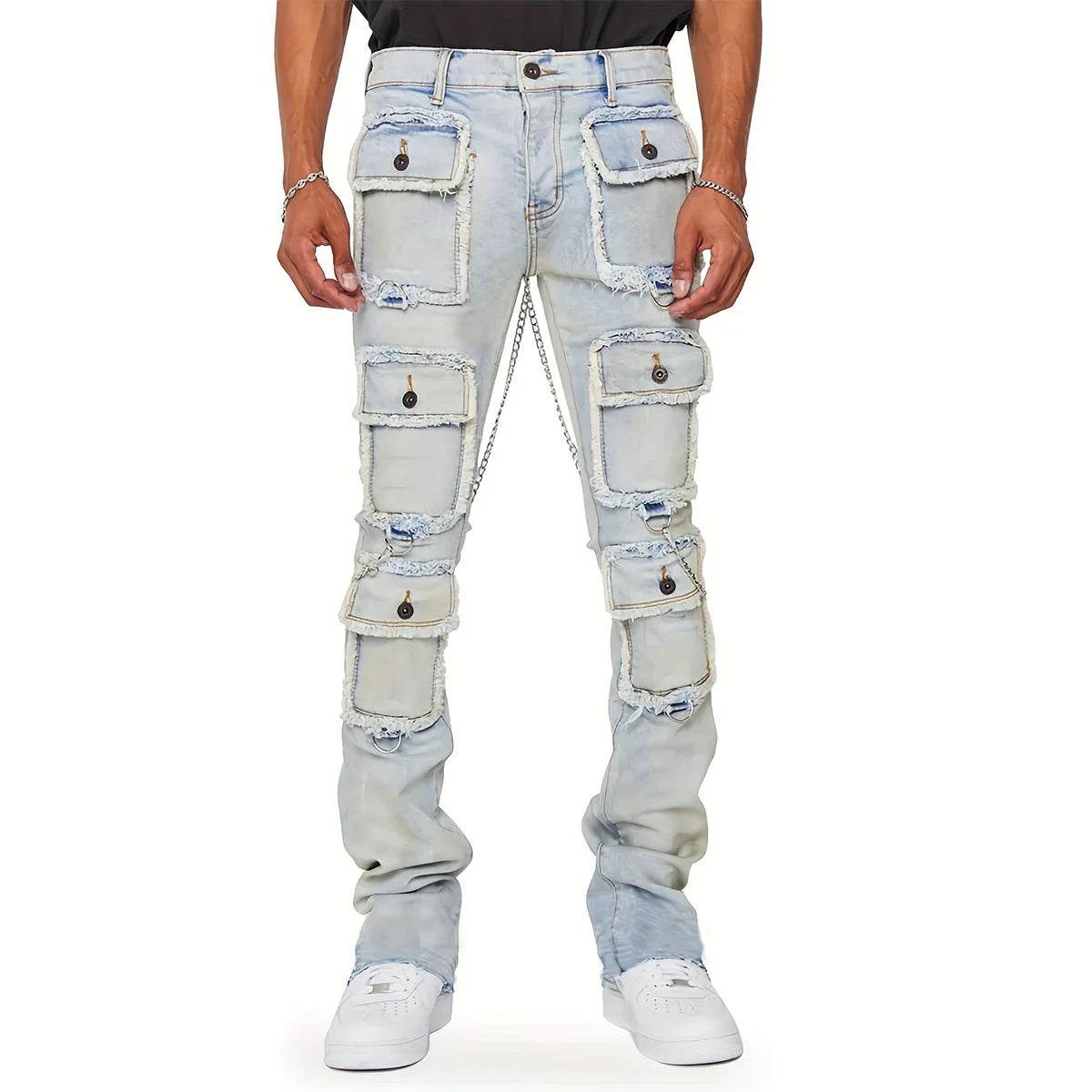 WQAFVG Men's Multi-Pocket Cargo Jeans - Stretch Straight-Leg Vintage Trousers - Buy Center US