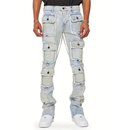 WQAFVG Men's Multi-Pocket Cargo Jeans - Stretch Straight-Leg Vintage Trousers - Buy Center US