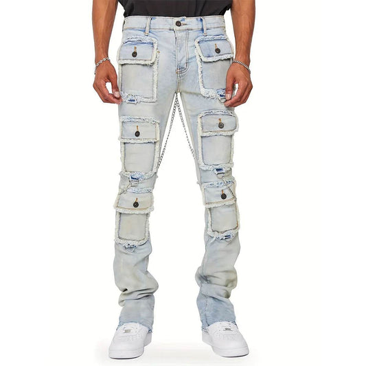 WQAFVG Men's Multi-Pocket Cargo Jeans - Stretch Straight-Leg Vintage Trousers - Buy Center US
