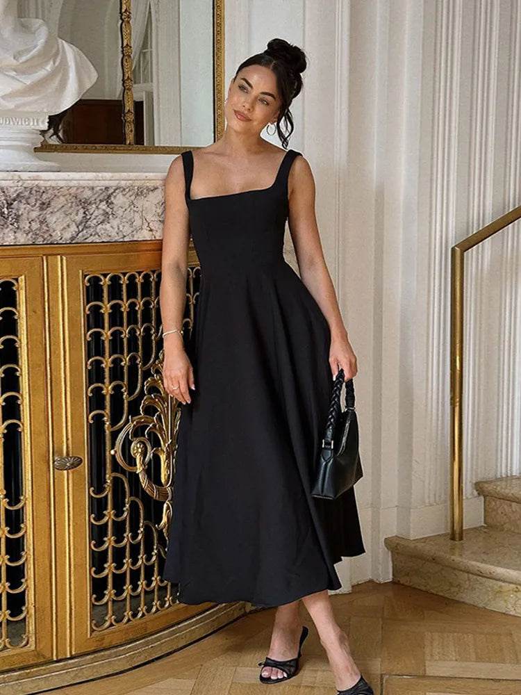 Beainmmry Black A-line Maxi Dress - Elegant Square Neck, Sleeveless - Buy Center US
