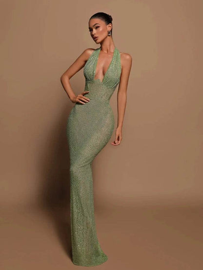 Green Maxi Dress for Women - Sexy V Neck Sleeveless Sequined Gown - Buy Center US