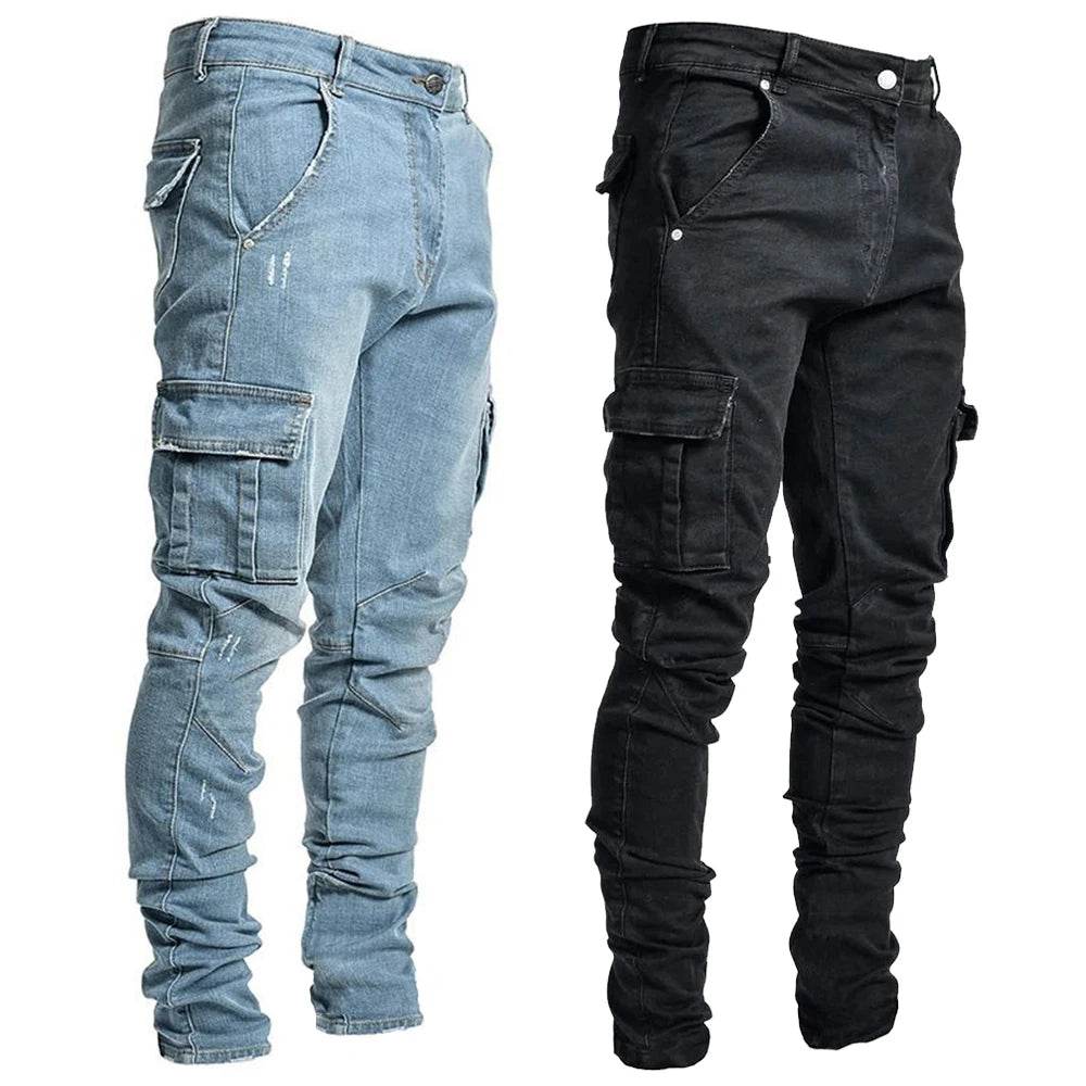 Slim Fit Men's Denim Cargo Pants - Multi Pocket Casual Trousers - Buy Center US