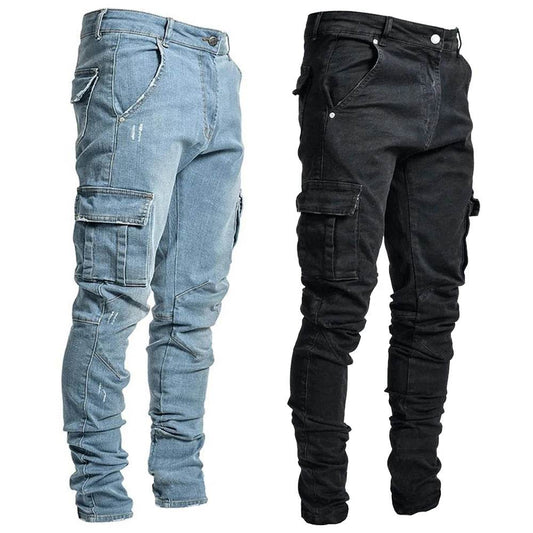 Slim Fit Men's Denim Cargo Pants - Multi Pocket Casual Trousers - Buy Center US