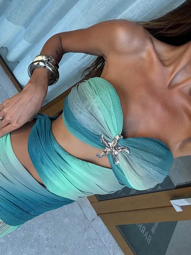 Blue Gradient Mesh Long Dress - Sleeveless Sheath Beach Party Style - Buy Center US