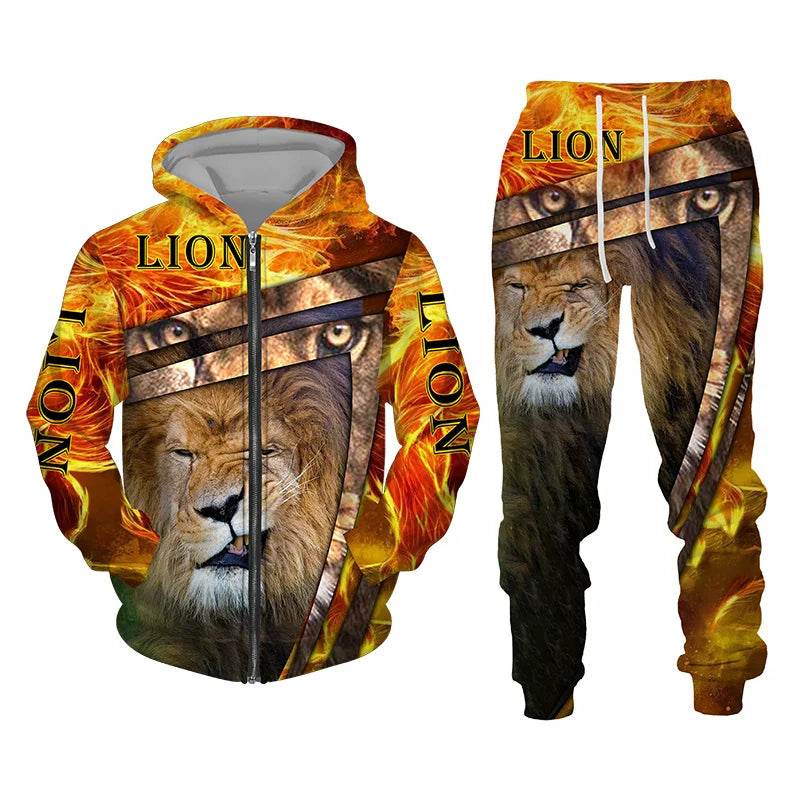 Men's 3D Lion Print Tracksuit - Casual Zipper Hoodie & Pants Set - Buy Center US