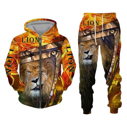 Men's 3D Lion Print Tracksuit - Casual Zipper Hoodie & Pants Set - Buy Center US