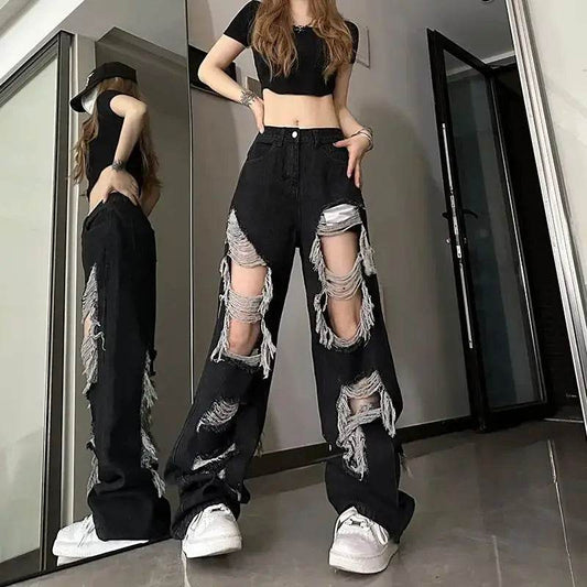 PTKPCC High Waist Distressed Jeans - Y2K Loose Fit for Women - Buy Center US