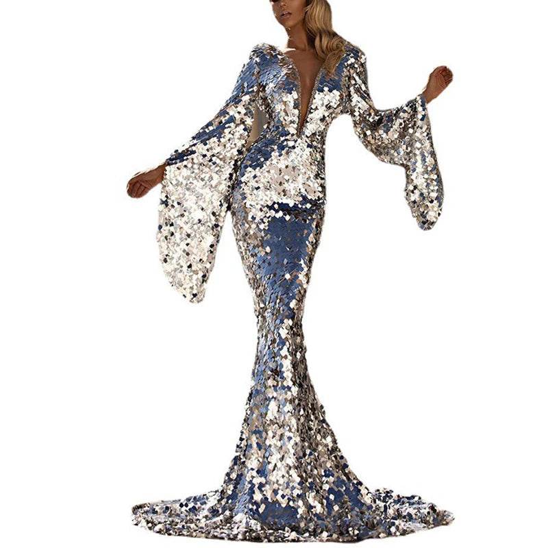 Elegant Silver Sequin Evening Dress - Flare Sleeves, Deep V Neck - Buy Center US