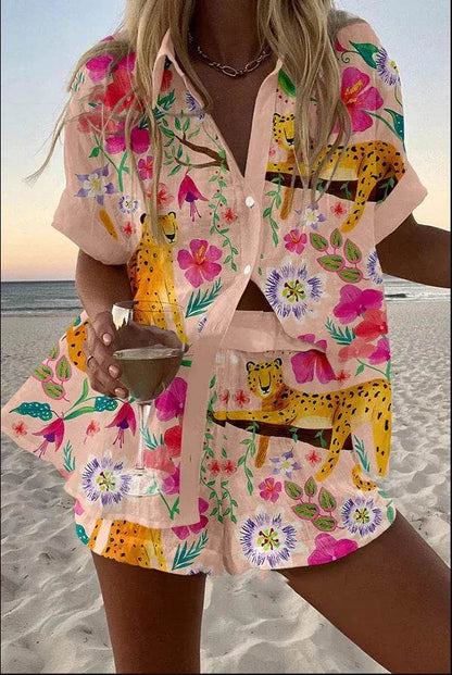 Women's Summer Print 2-Piece Beach Set - Casual Short Sleeve Top - Buy Center US