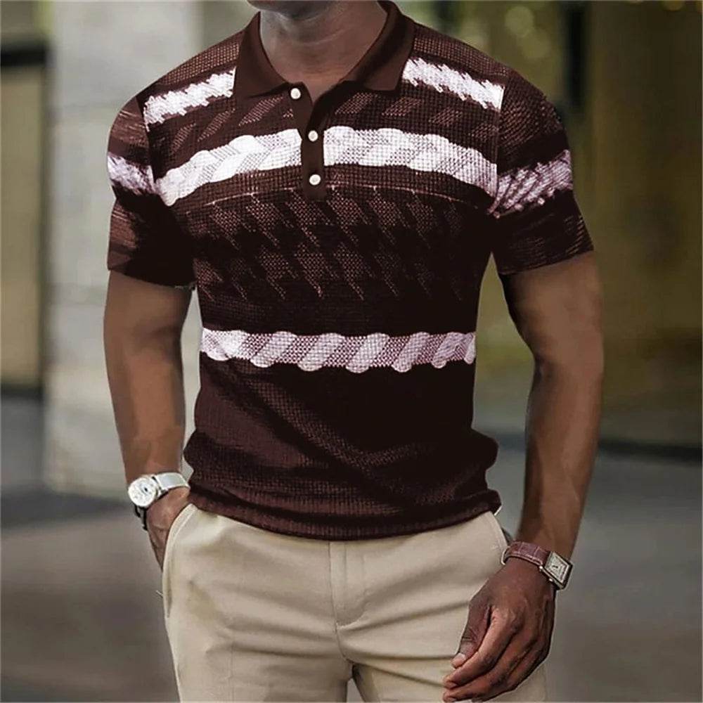 Vintage Men's Casual Polo Shirt - 3D Stripe Print, Loose Fit, Soft Tee - Buy Center US
