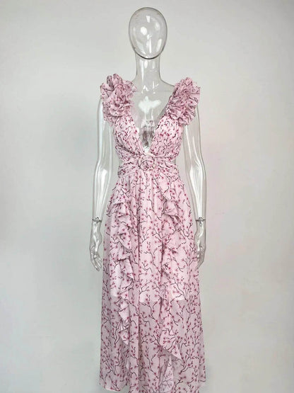 Izmestyeva Floral Backless Dress - Sleeveless V-Neck, Ruffle Trim - Buy Center US