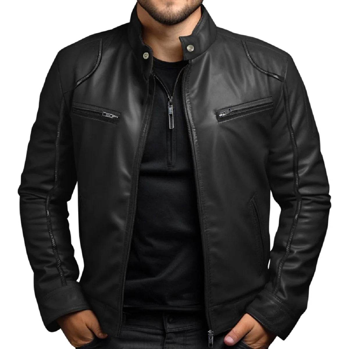 Donsignet Men's Biker Leather Jacket - Casual Stand-up Collar Design - Buy Center US