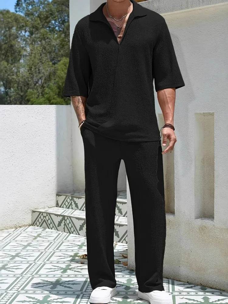 Men's Retro Casual Suit - Solid V-Neck Shirt & Drawstring Pants Set - Buy Center US
