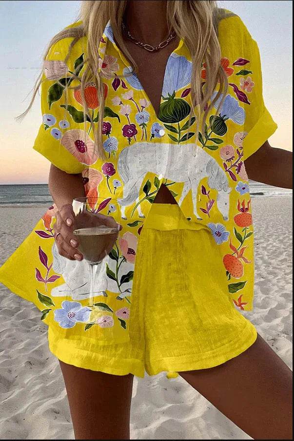 Women's Summer Print 2-Piece Beach Set - Casual Short Sleeve Top - Buy Center US
