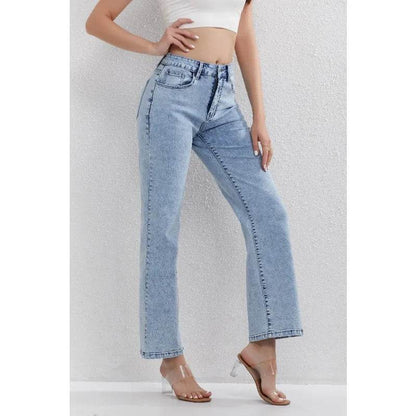 Women's Light Blue High Waisted Denim Jeans - Straight Leg Casual Style - Buy Center US