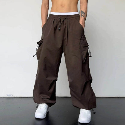 Men's Casual Mid Waist Cargo Pants - Solid Color with Woven Pockets - Buy Center US