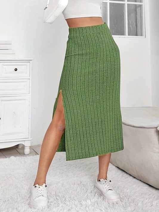 Suofeiman Casual High Waist Split Midi Skirt - Ribbed Knit Design - Buy Center US